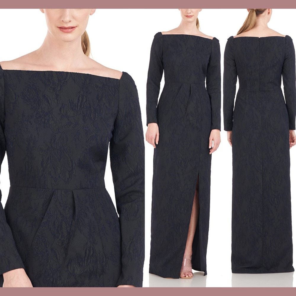 NEW $378 Kay Unger [ 6 ]‎ Long Sleeve Jude Jacquard Column Gown Blue S1571